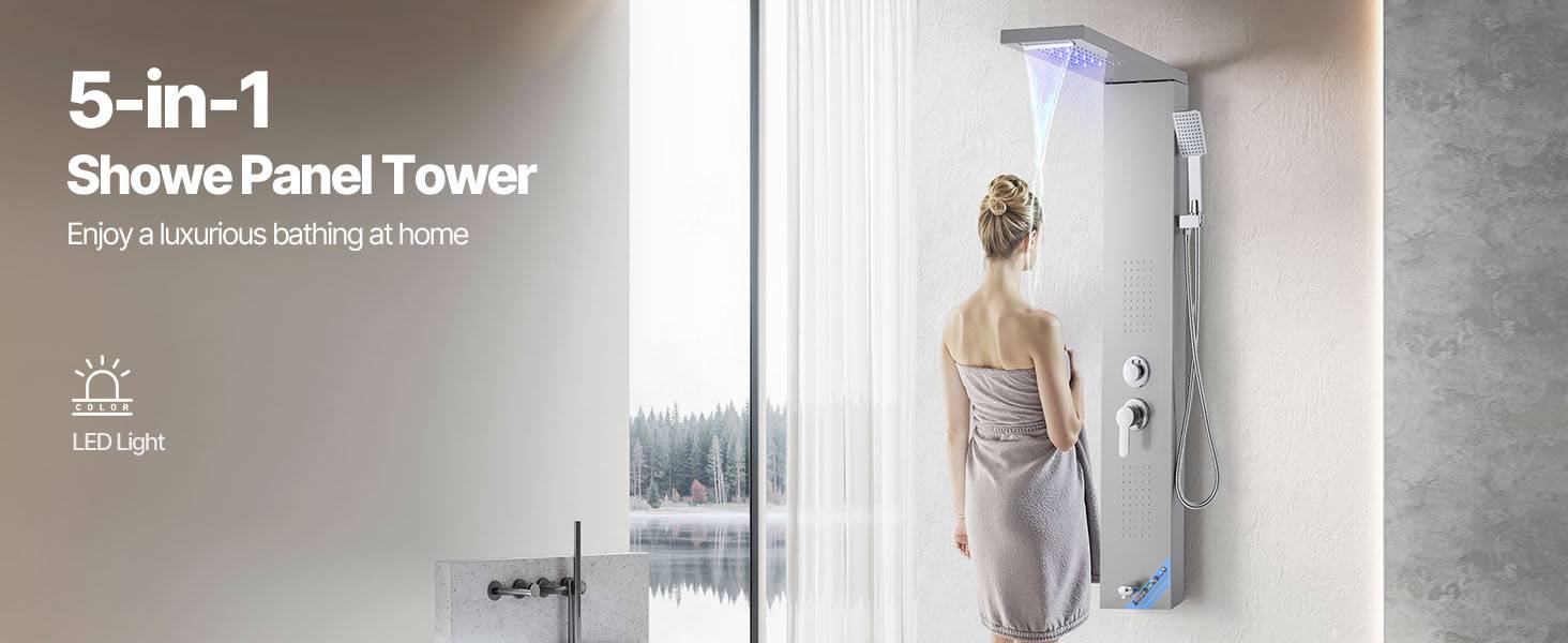 VEVOR Colonne douche inox 1345mm avec pommeau pluie, panneau LED, 5 fonctions, douchette et bec de baignoire. - Image 9