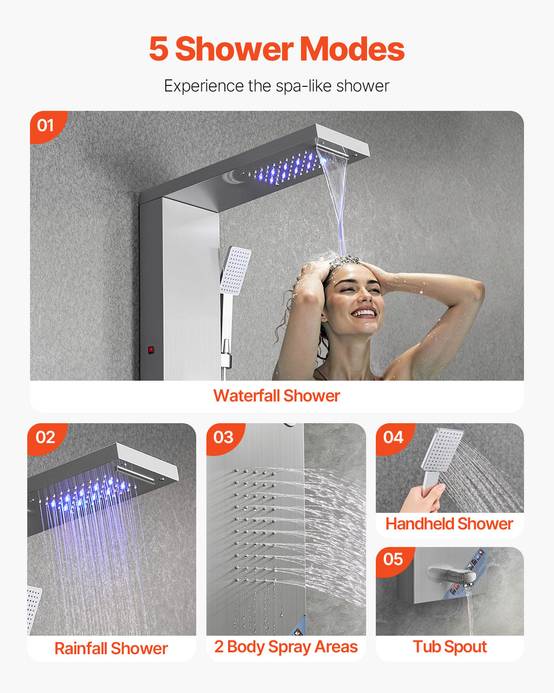 VEVOR Colonne douche inox 1345mm avec pommeau pluie, panneau LED, 5 fonctions, douchette et bec de baignoire. - Image 3