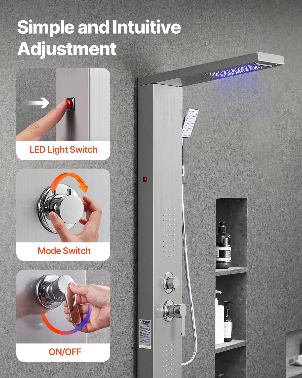 VEVOR Colonne douche inox 1345mm avec pommeau pluie, panneau LED, 5 fonctions, douchette et bec de baignoire. - Image 6
