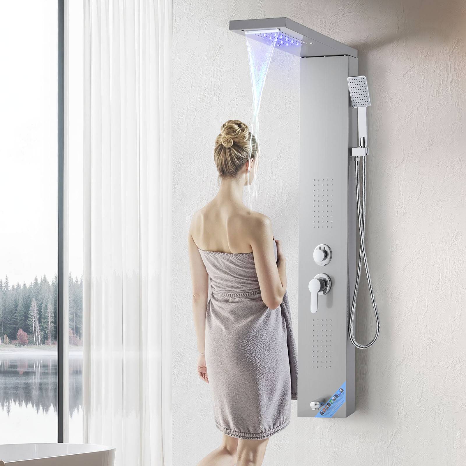 VEVOR Colonne douche inox 1345mm avec pommeau pluie, panneau LED, 5 fonctions, douchette et bec de baignoire. - Image 8