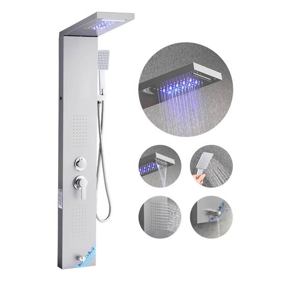 VEVOR Colonne douche inox 1345mm avec pommeau pluie, panneau LED, 5 fonctions, douchette et bec de baignoire. - Image 1