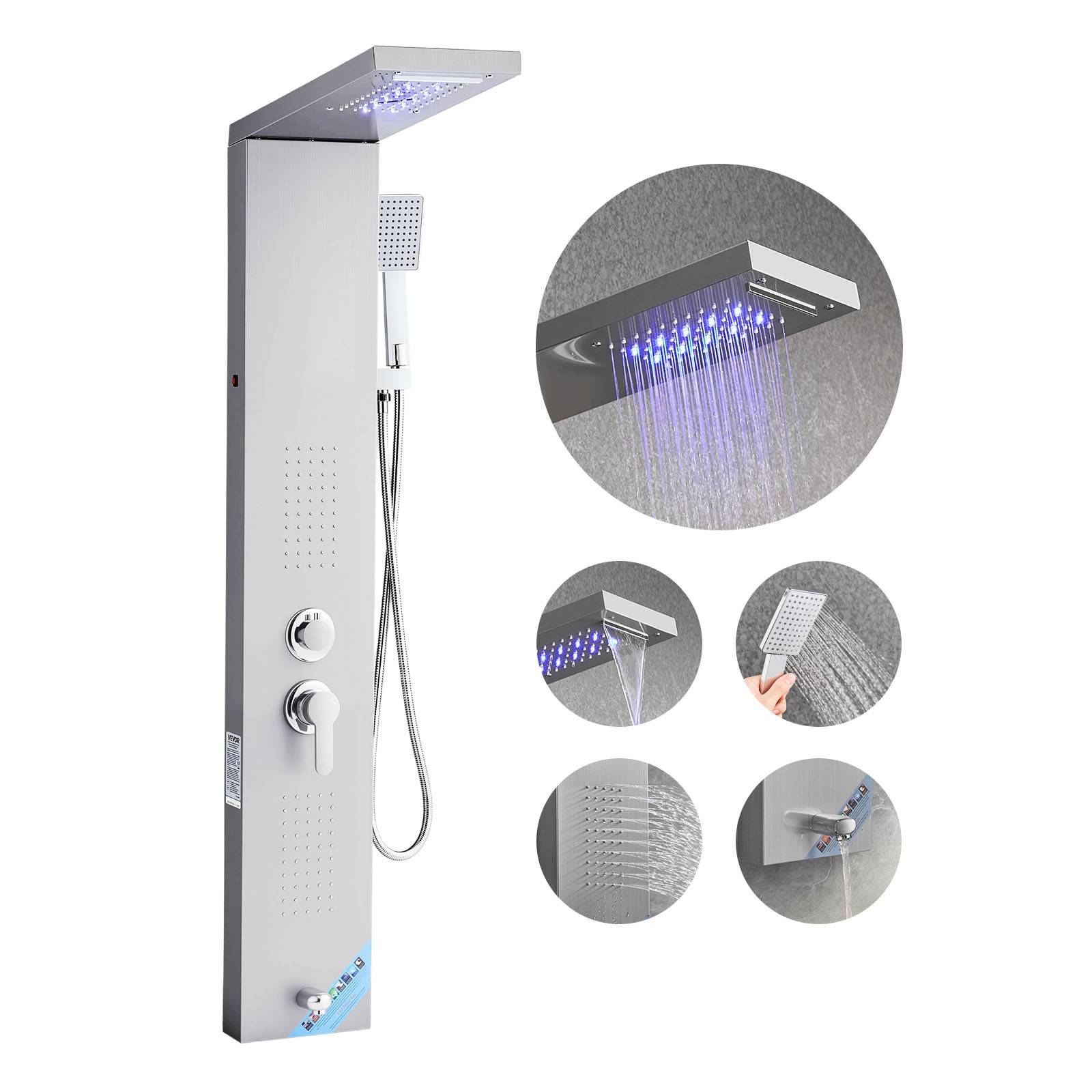 VEVOR Colonne douche inox 1345mm avec pommeau pluie, panneau LED, 5 fonctions, douchette et bec de baignoire. - Image 1