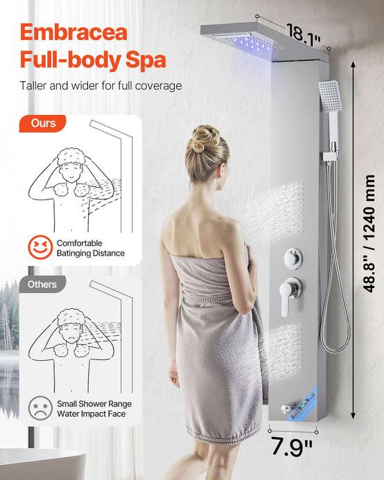 VEVOR Colonne douche inox 1345mm avec pommeau pluie, panneau LED, 5 fonctions, douchette et bec de baignoire. - Image 2