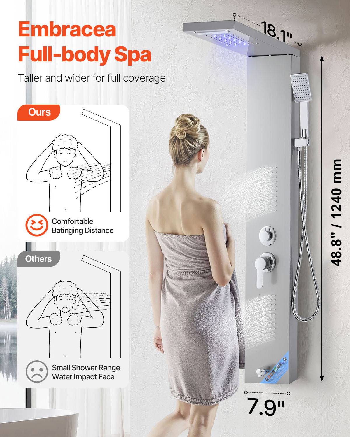 VEVOR Colonne douche inox 1345mm avec pommeau pluie, panneau LED, 5 fonctions, douchette et bec de baignoire. - Image 2