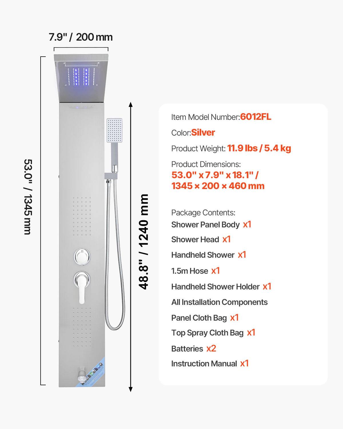 VEVOR Colonne douche inox 1345mm avec pommeau pluie, panneau LED, 5 fonctions, douchette et bec de baignoire. - Image 7
