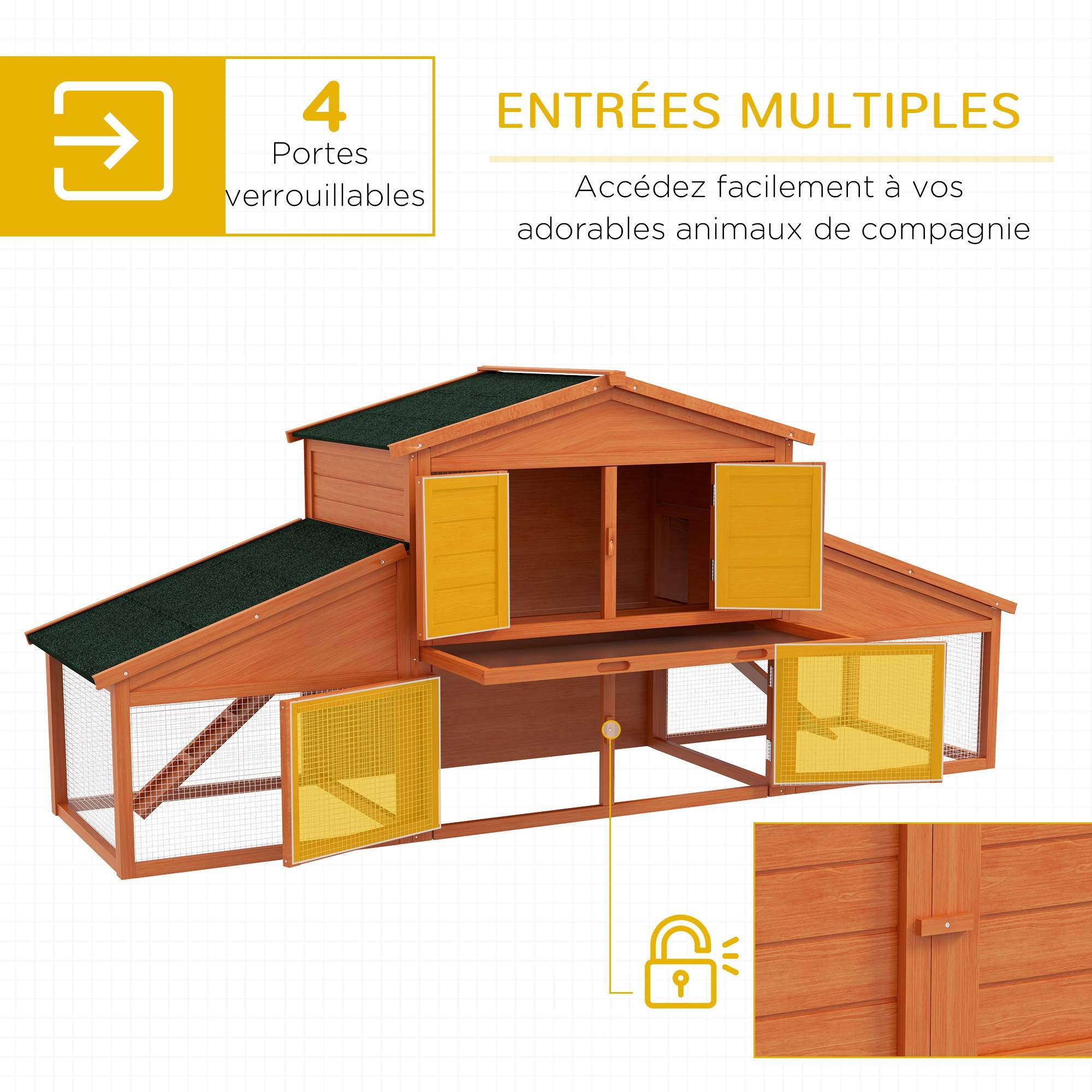 Clapier cage à lapins rongeurs poulailler XXL 2 étages 2 enclos tiroir déjection 2,25L x 0,70l x 1H m bois massif pin - Image 6