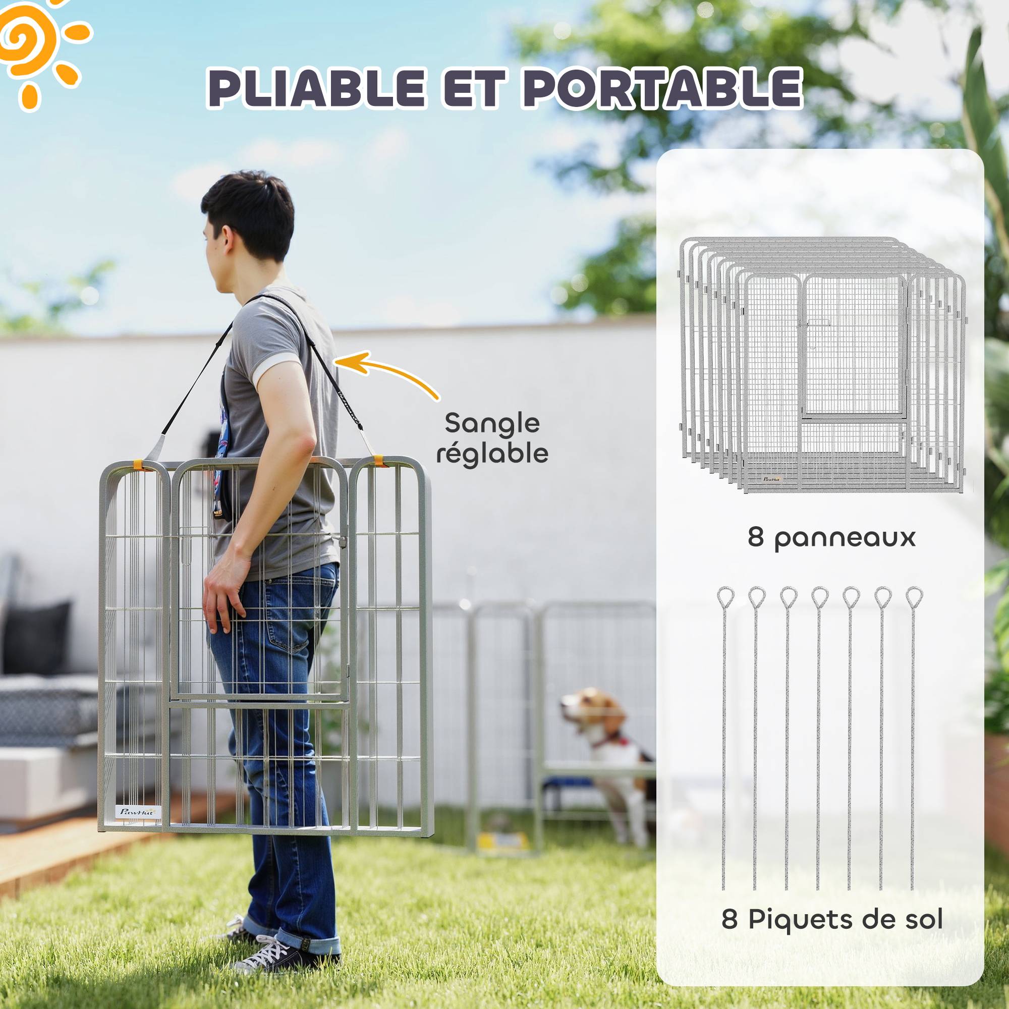 Parc pour chien enclos chien 8 panneaux modulable pliable acier avec porte pour chiot intérieur extérieur 80H cm argent - Image 8