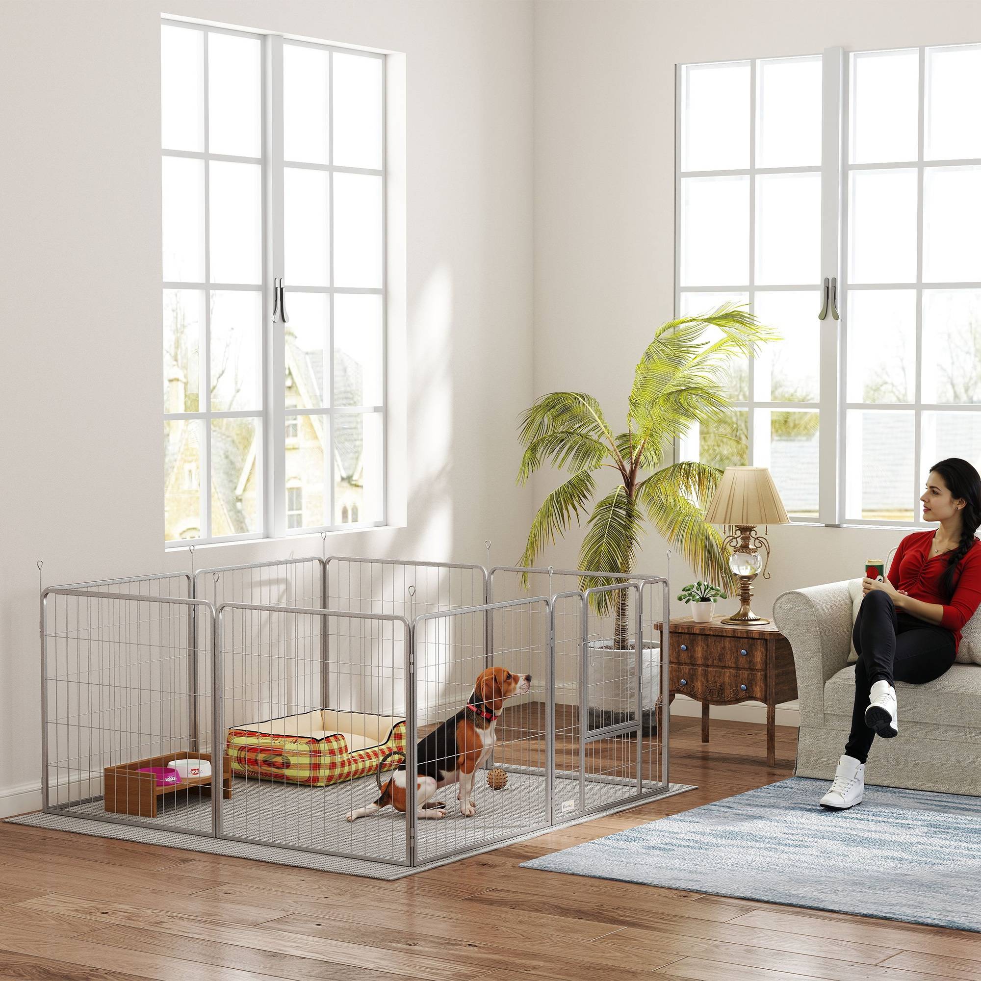 Parc pour chien enclos chien 8 panneaux modulable pliable acier avec porte pour chiot intérieur extérieur 80H cm argent - Image 4