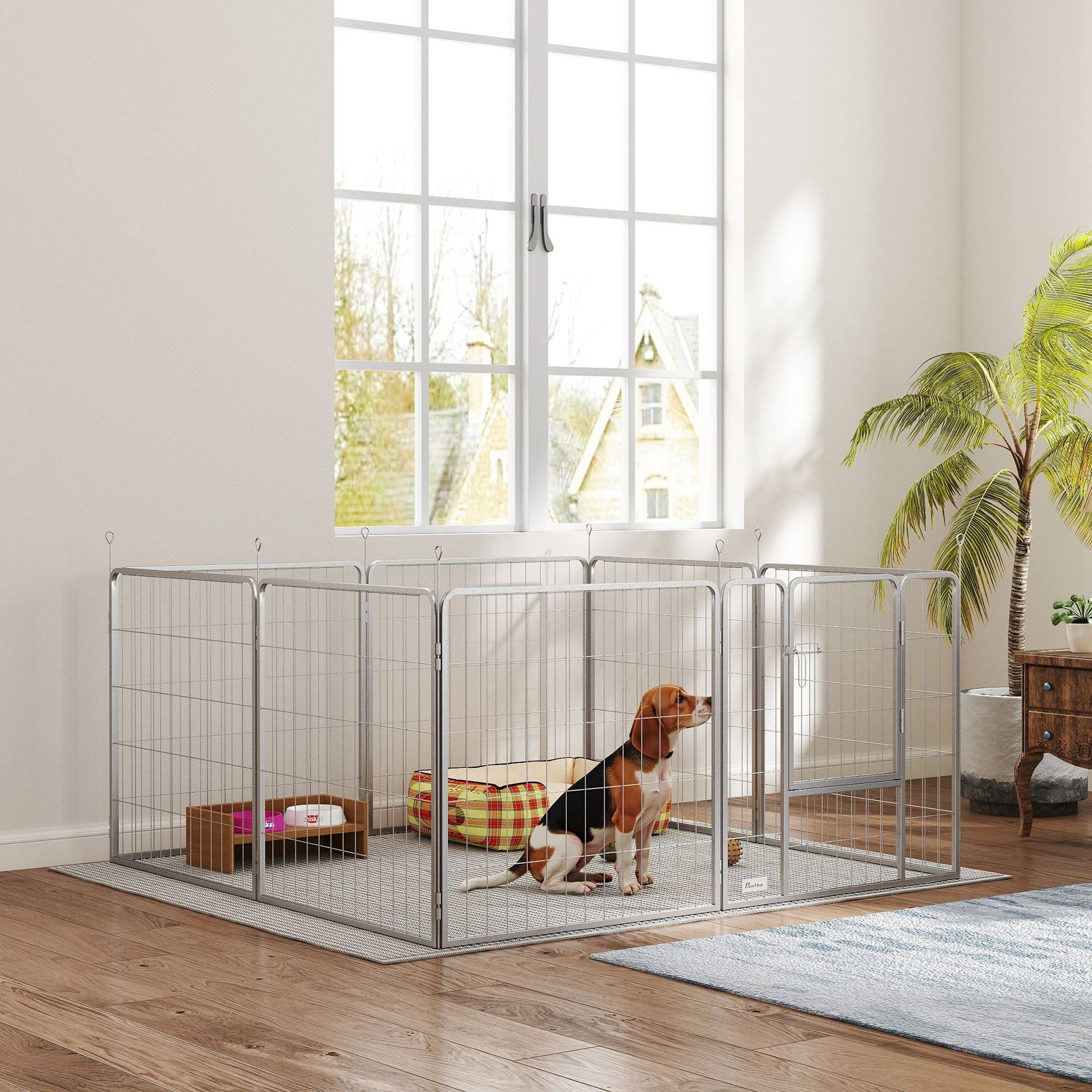 Parc pour chien enclos chien 8 panneaux modulable pliable acier avec porte pour chiot intérieur extérieur 80H cm argent - Image 10