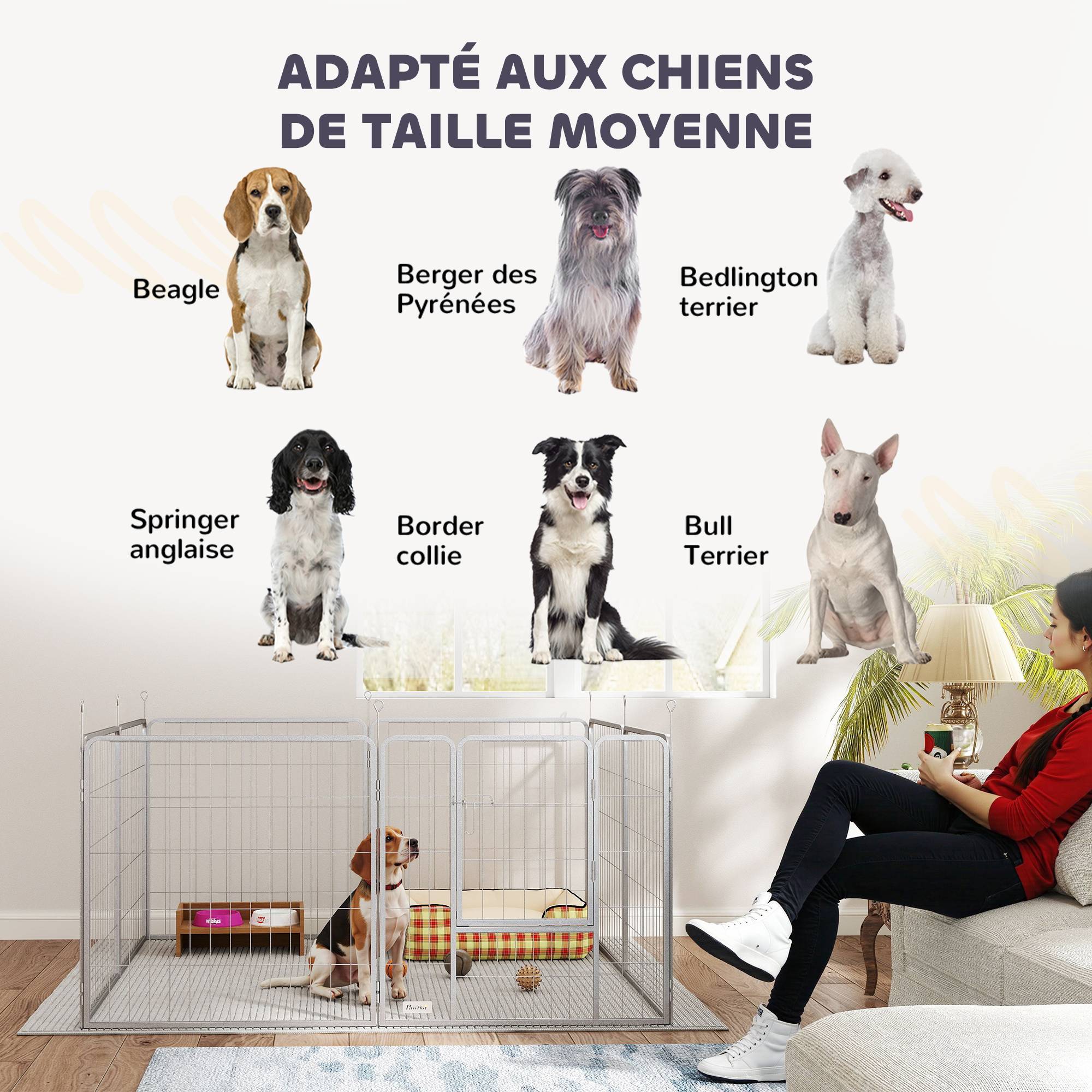 Parc pour chien enclos chien 8 panneaux modulable pliable acier avec porte pour chiot intérieur extérieur 80H cm argent - Image 9