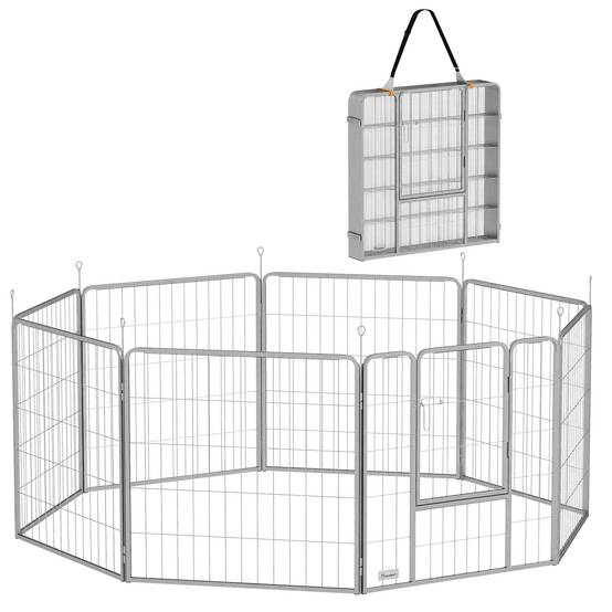 Parc pour chien enclos chien 8 panneaux modulable pliable acier avec porte pour chiot intérieur extérieur 80H cm argent - Image 1