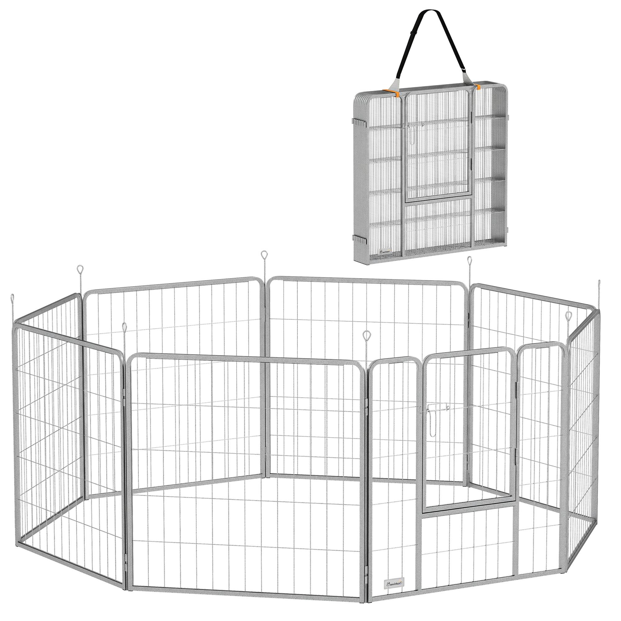 Parc pour chien enclos chien 8 panneaux modulable pliable acier avec porte pour chiot intérieur extérieur 80H cm argent - Image 1