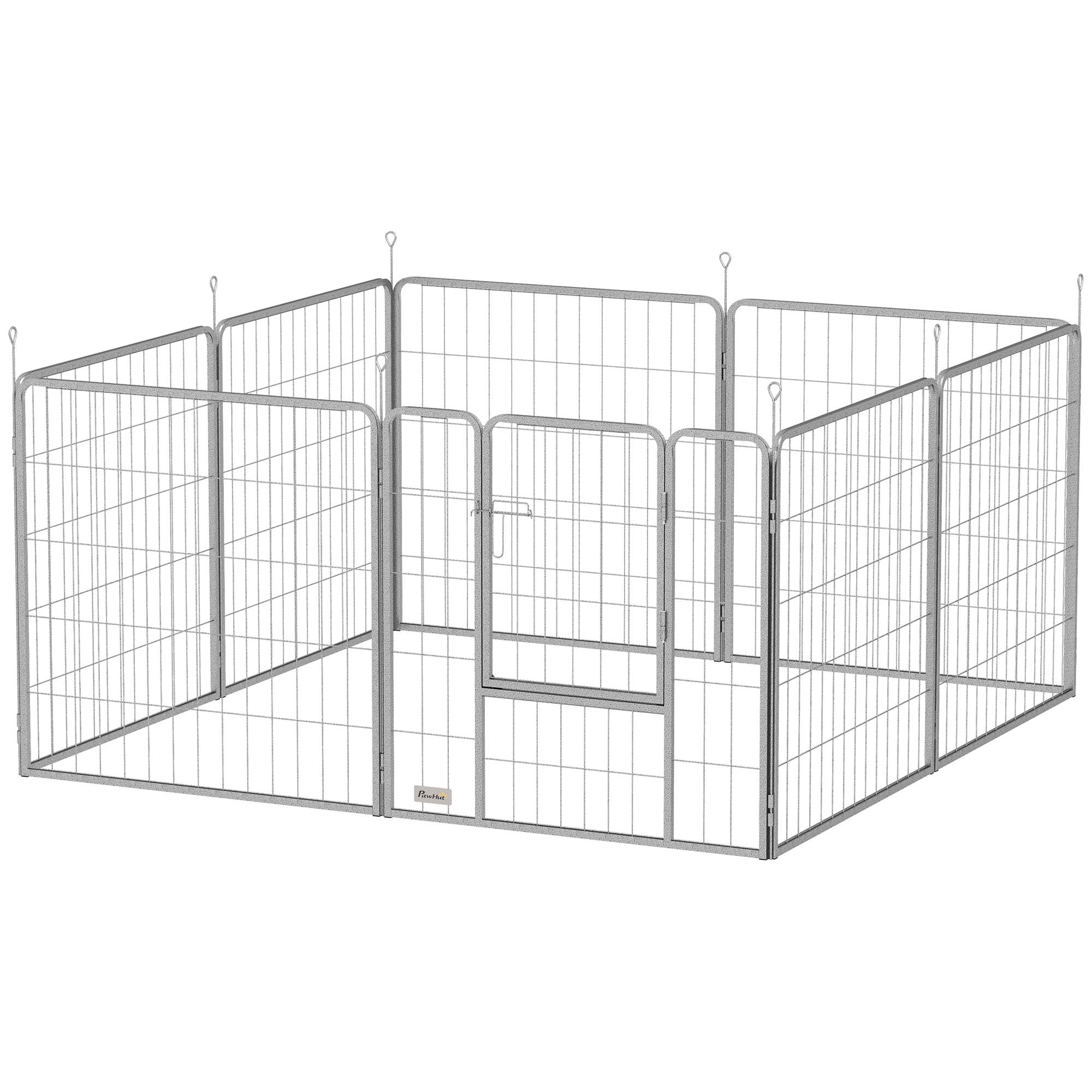 Parc pour chien enclos chien 8 panneaux modulable pliable acier avec porte pour chiot intérieur extérieur 80H cm argent - Image 2