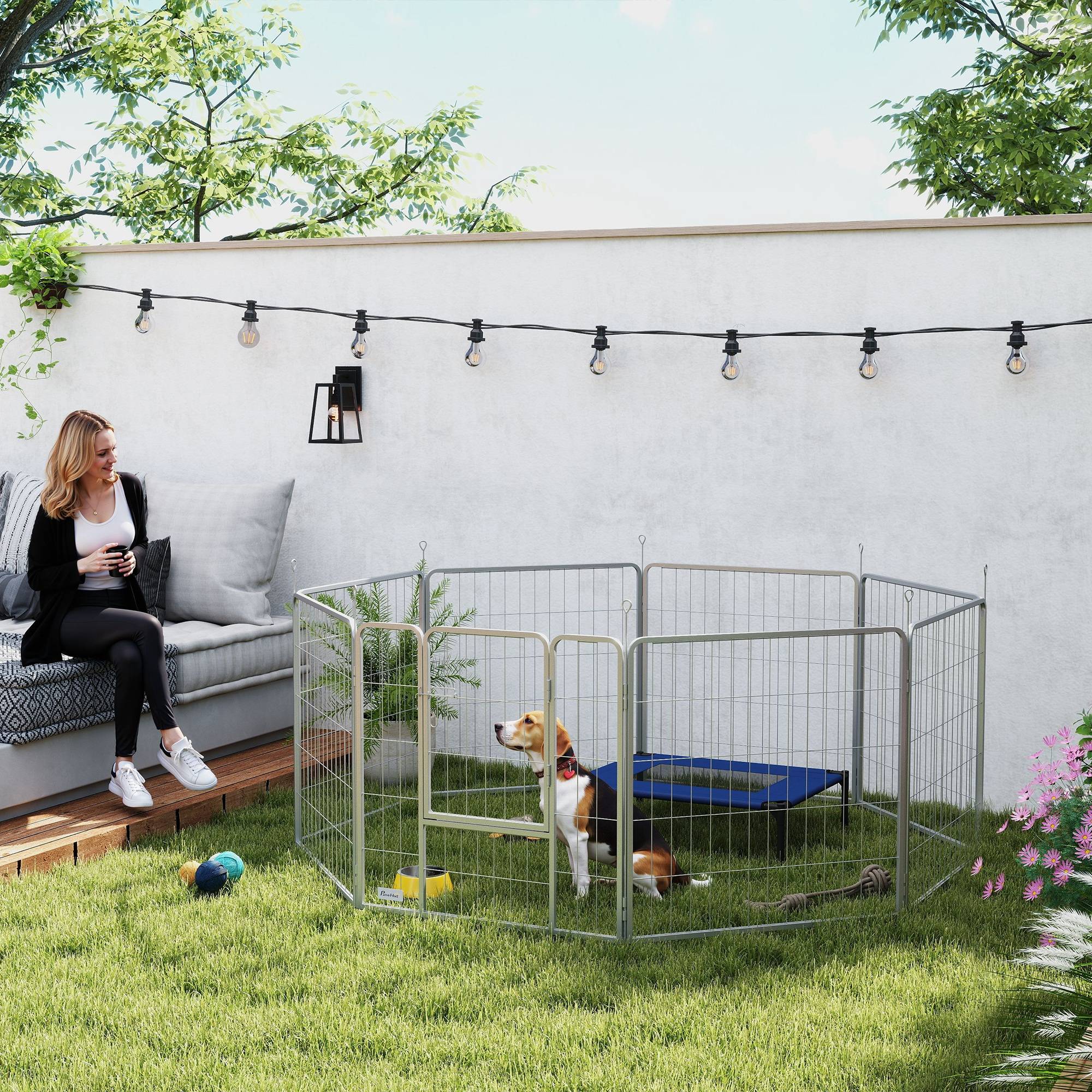 Parc pour chien enclos chien 8 panneaux modulable pliable acier avec porte pour chiot intérieur extérieur 80H cm argent - Image 3