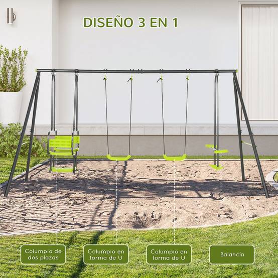 Balançoire extérieure verte 6 places structure acier enfants dès 3 ans 355 × 184 × 186 cm - Image 6