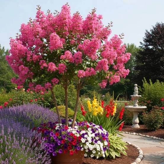 Lilas des Indes La Mousson, Lagerstroemia à fleurs Rouge/Rose - feuillage Caduc - Pot de 80 Litres - Haute tige 18/20 - Image 3