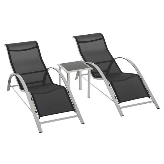 Ensemble de 2 chaises longues de jardin et table en verre, chaise longue en tissu respirant, 59 x 169 x 66 cm, noir et gris - Image 1