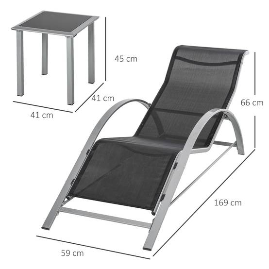 Ensemble de 2 chaises longues de jardin et table en verre, chaise longue en tissu respirant, 59 x 169 x 66 cm, noir et gris - Image 5