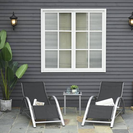 Ensemble de 2 chaises longues de jardin et table en verre, chaise longue en tissu respirant, 59 x 169 x 66 cm, noir et gris - Image 3