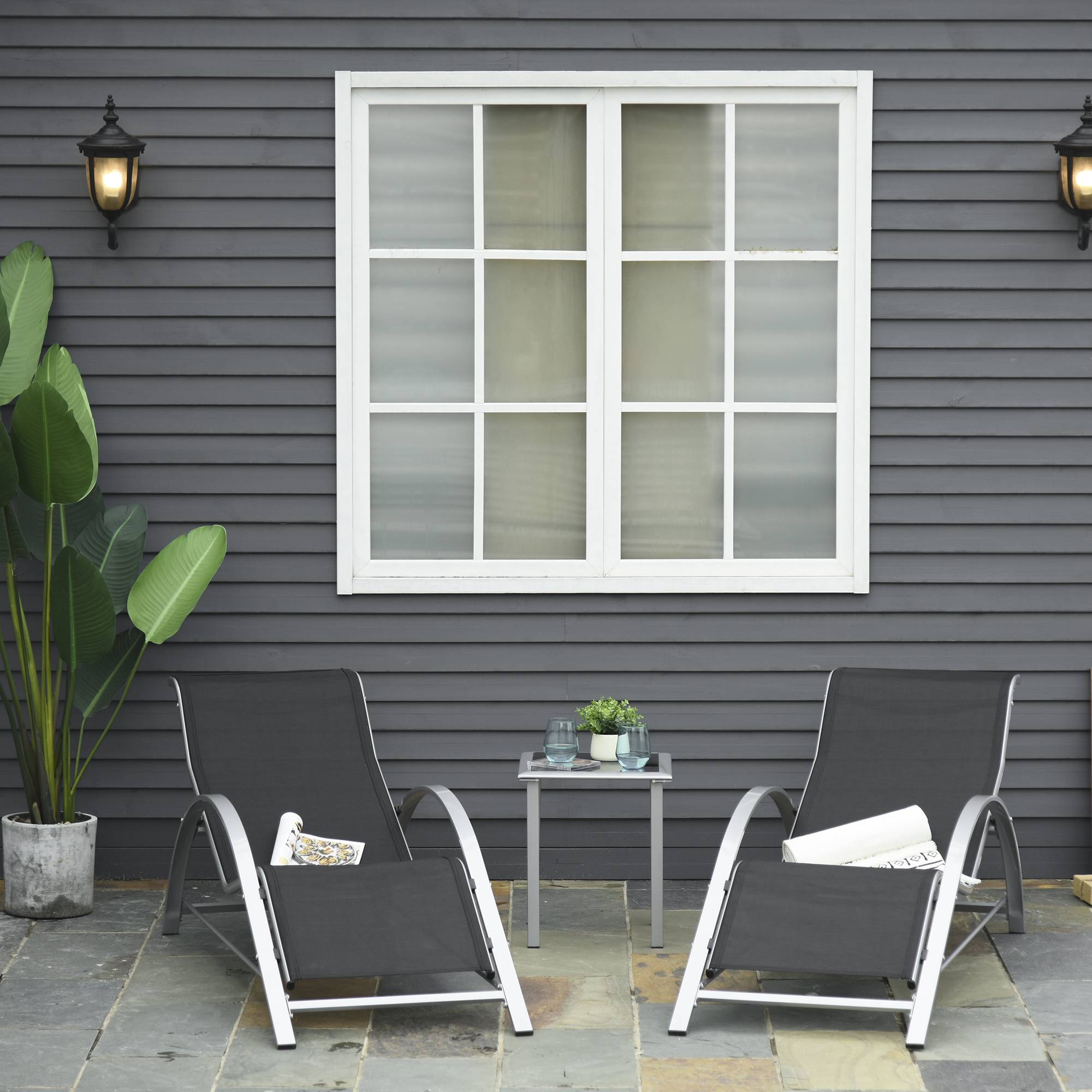 Ensemble de 2 chaises longues de jardin et table en verre, chaise longue en tissu respirant, 59 x 169 x 66 cm, noir et gris - Image 3