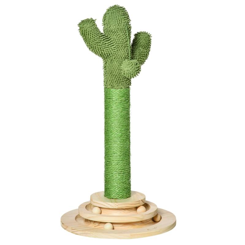Arbre à chat cactus en bois de pin et corde de sisal avec balle en bois, 60 cm de haut, vert et naturel