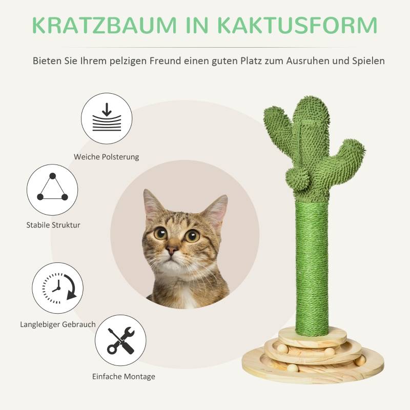 Arbre à chat cactus en bois de pin et corde de sisal avec balle en bois, 60 cm de haut, vert et naturel - Image 4