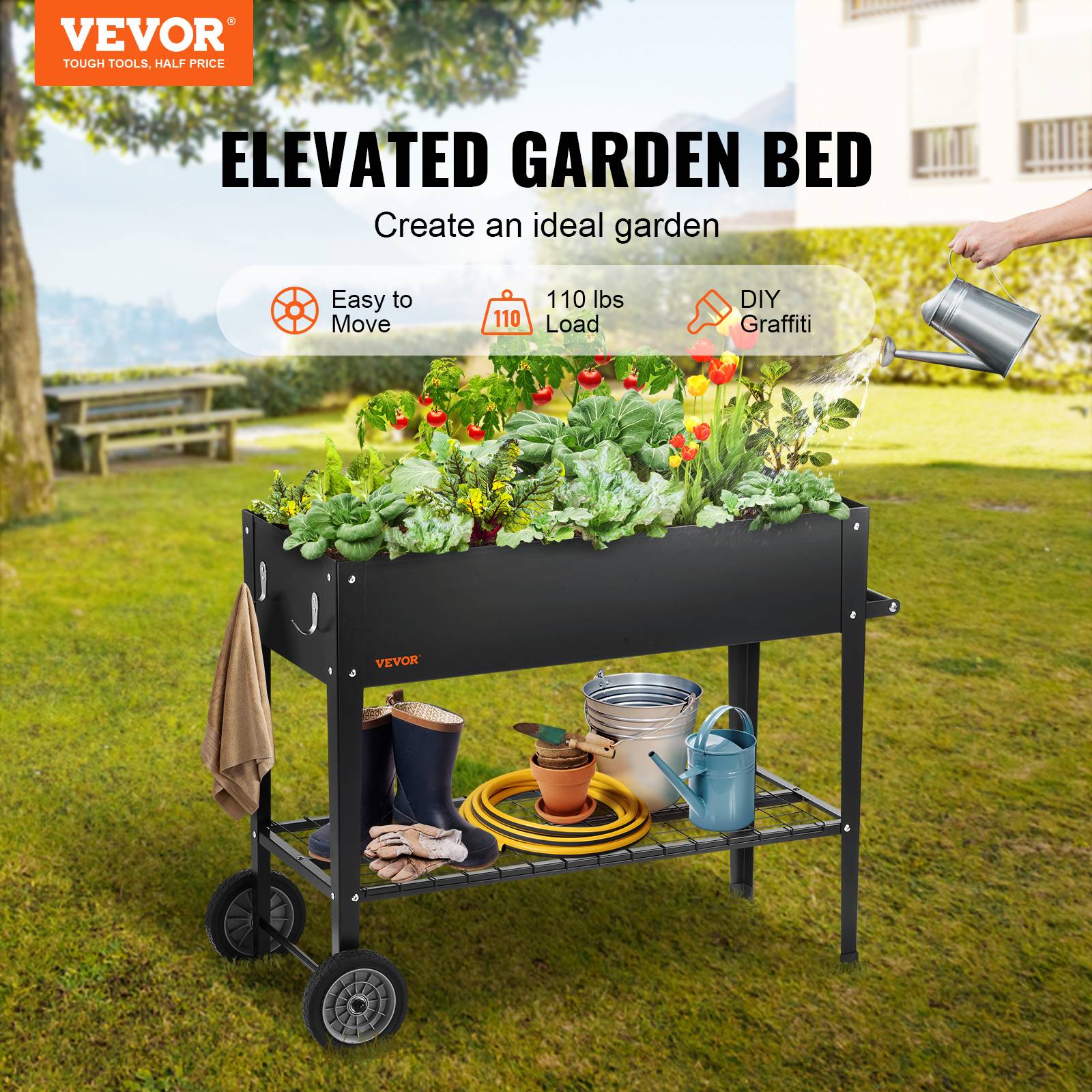 VEVOR Jardinière métal galvanisé 110x49,5x80 cm, pieds. Fleurs, légumes, argent. - Image 2