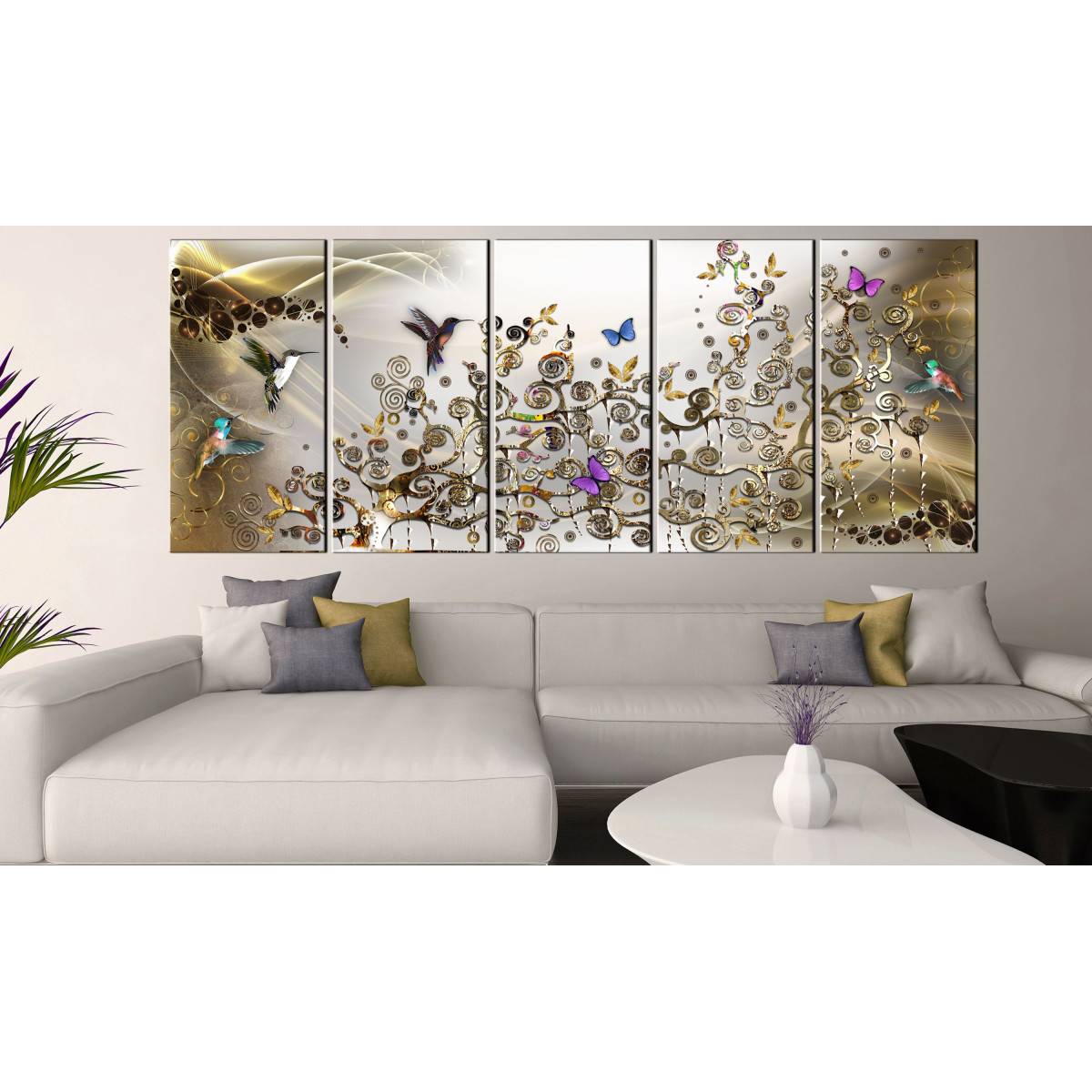 Tableau 5 Panneaux "Hummingbirds Dance Gold Narrow" 90 x 225 cm - Image 2