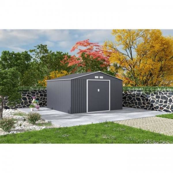 Sans Marque - Abri de jardin en métal 10,85 m² - 340 x 319 x 210 cm - JUPITER - Kit d'ancrage inclus, 2 portes coulissantes - Gris - Image 2
