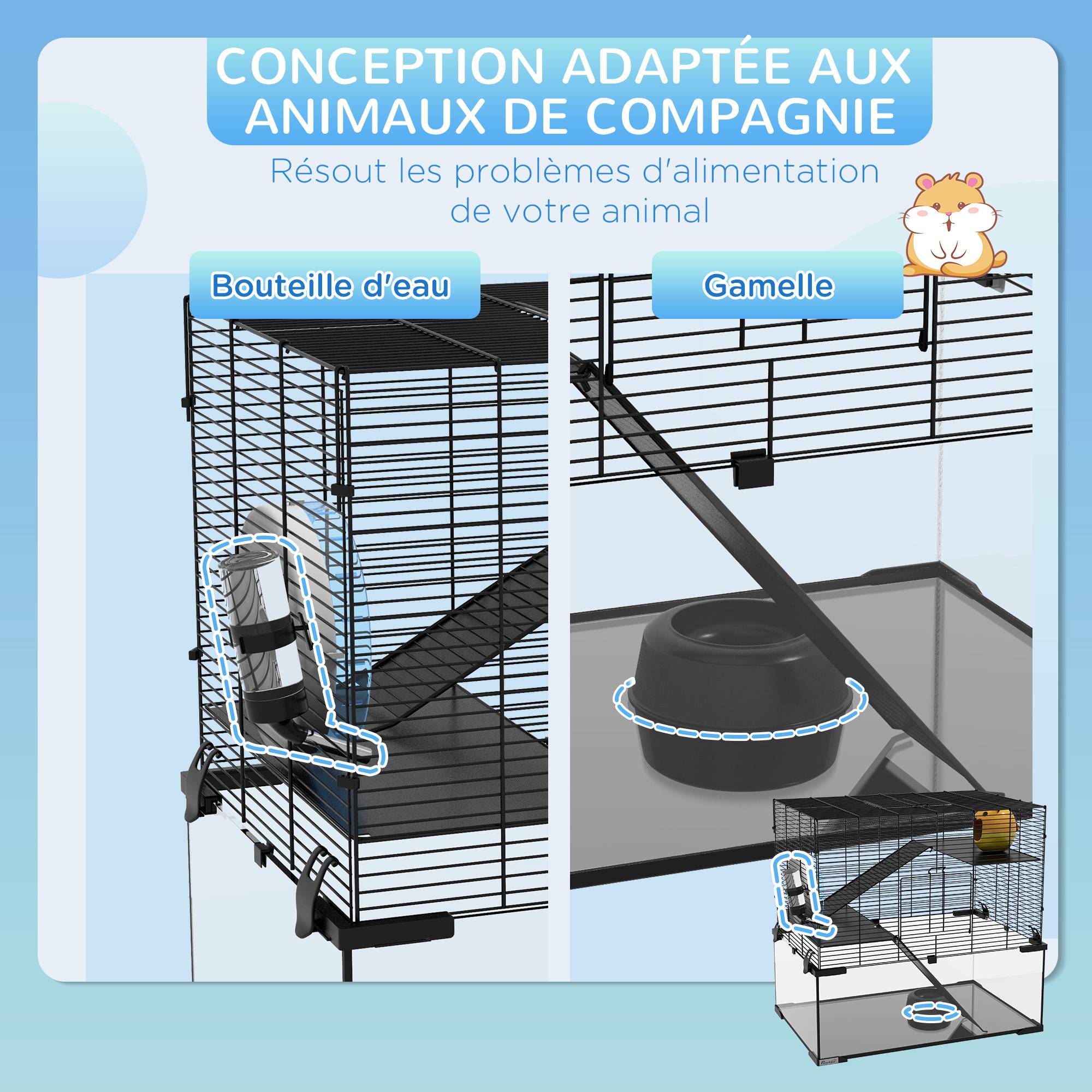 Cage hamster 3 niveaux acier pour rongeurs avec rampe et accessoires 60x40x55cm noir - ComfortXL Outdoor Living - Image 7