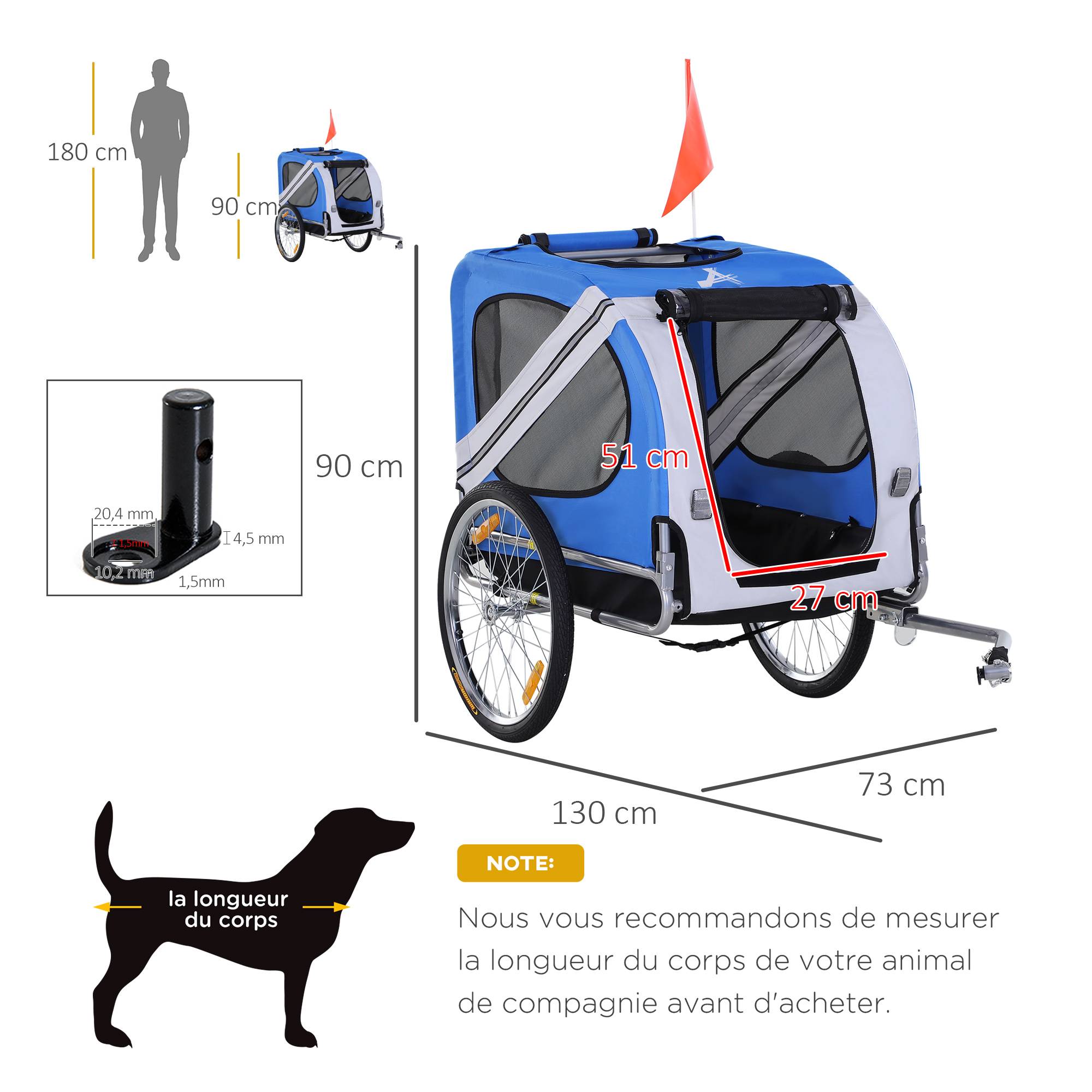 Sans Marque - Remorque vélo chien animaux 8 réflecteurs drapeau barre attelage inclus 130x73x90 cm blanc/bleu - Image 5