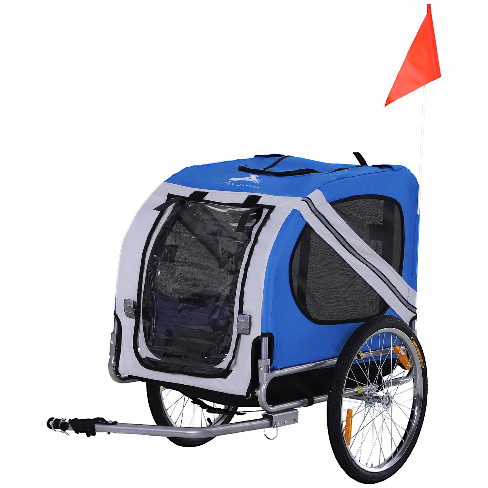 Sans Marque - Remorque vélo chien animaux 8 réflecteurs drapeau barre attelage inclus 130x73x90 cm blanc/bleu - Image 2