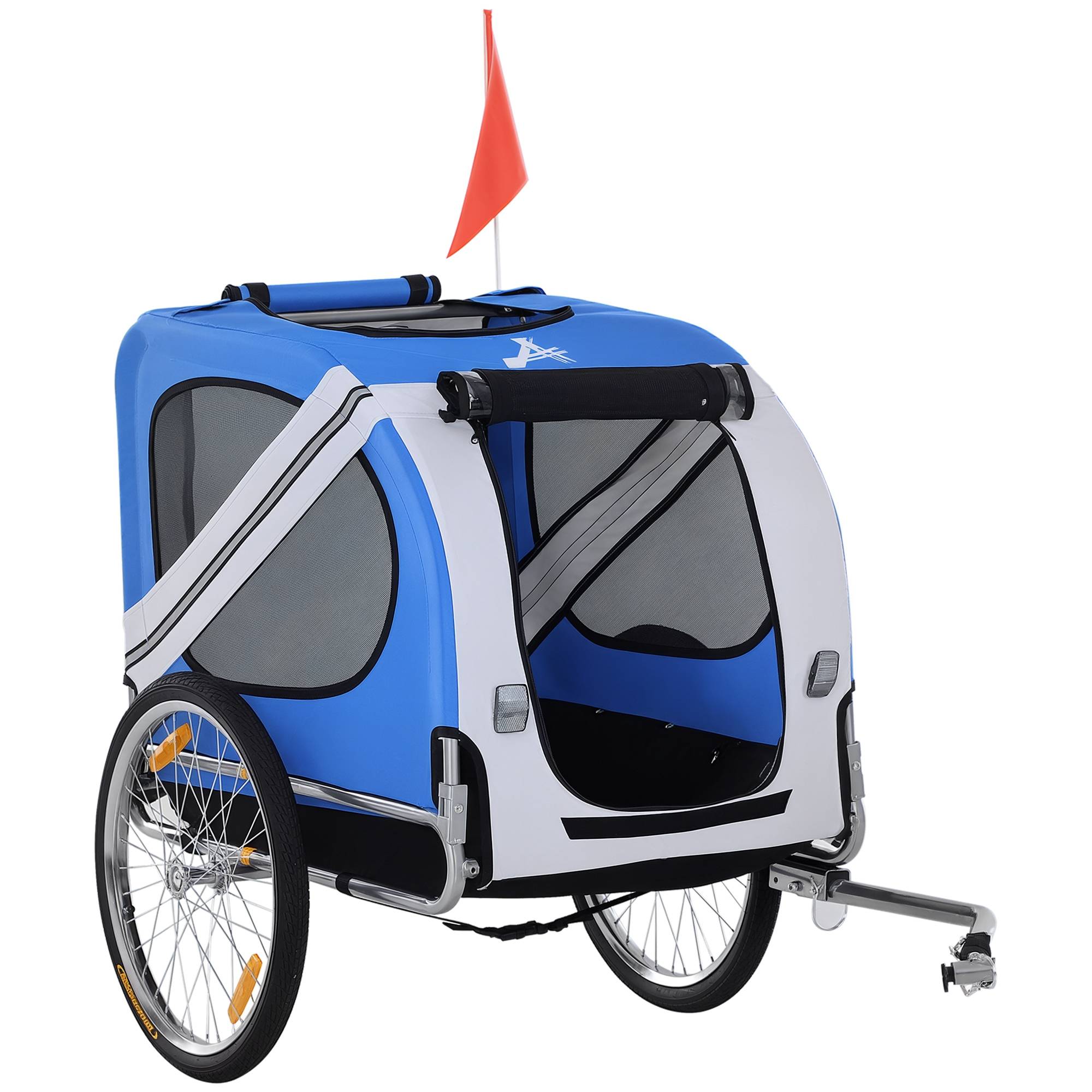 Sans Marque - Remorque vélo chien animaux 8 réflecteurs drapeau barre attelage inclus 130x73x90 cm blanc/bleu - Image 1
