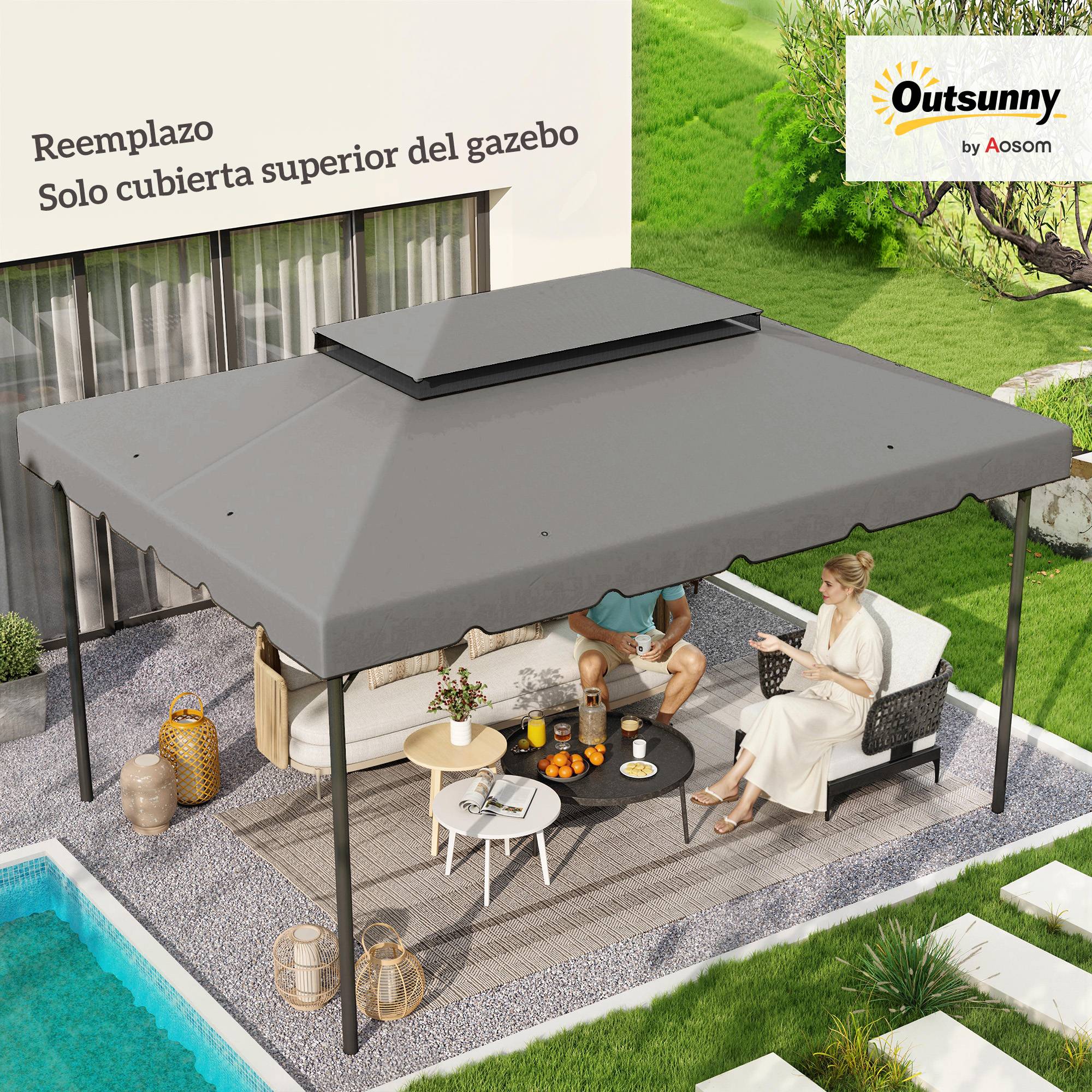 Toile de Rechange 4x3m Polyester pour Tonnelle Double Toit Imperméable Gris Clair - ComfortXL Outdoor Living - Image 3