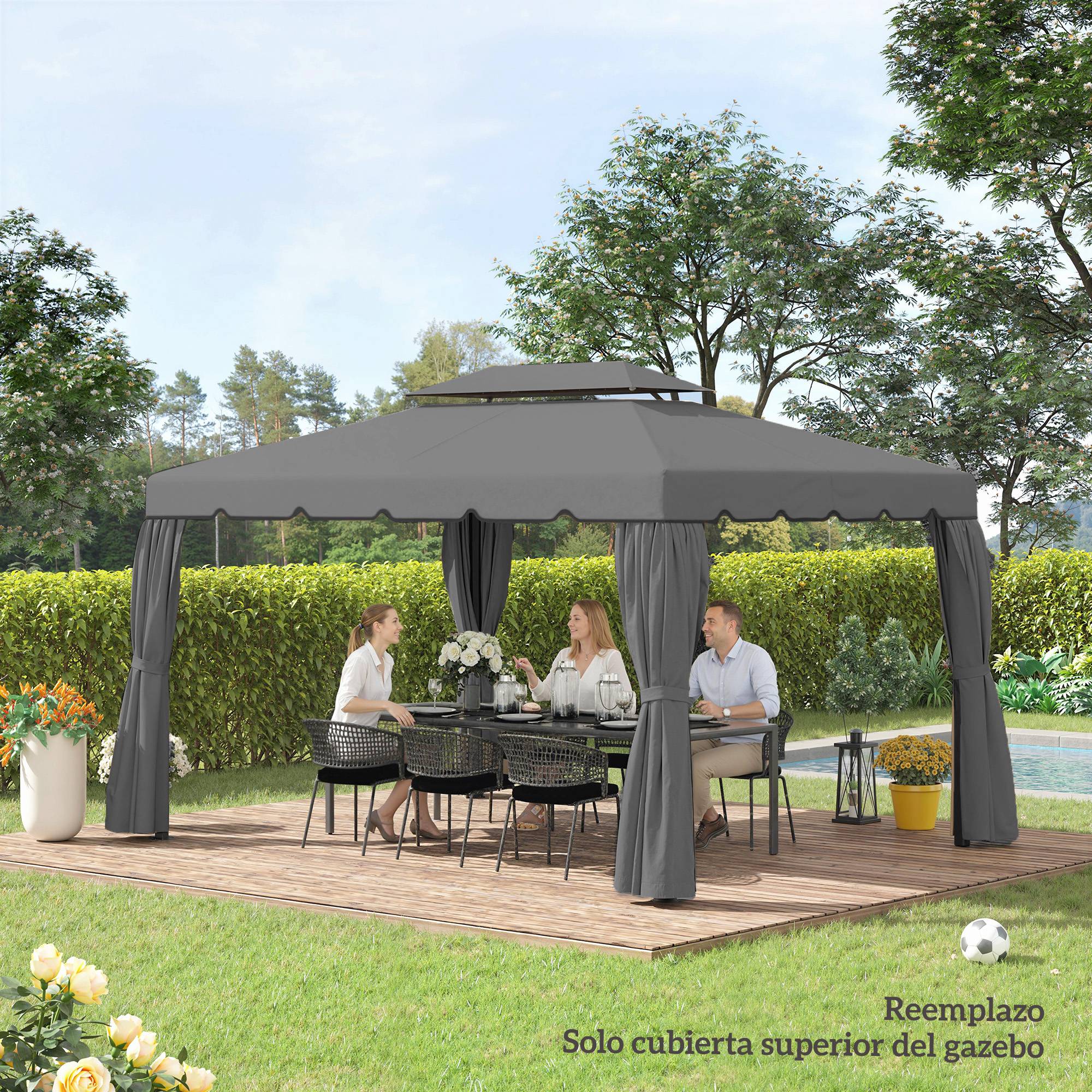 Toile de Rechange 4x3m Polyester pour Tonnelle Double Toit Imperméable Gris Clair - ComfortXL Outdoor Living - Image 9