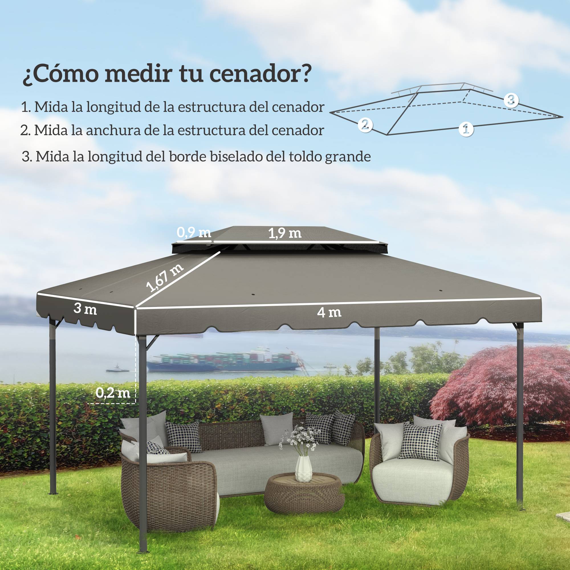 Toile de Rechange 4x3m Polyester pour Tonnelle Double Toit Imperméable Gris Clair - ComfortXL Outdoor Living - Image 5