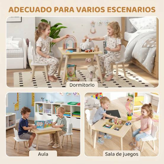Ensemble table et 2 chaises pour enfants en bois avec compartiments et tableau noir amovible 60 x 60 x 44 cm Naturel et blanc - Image 9