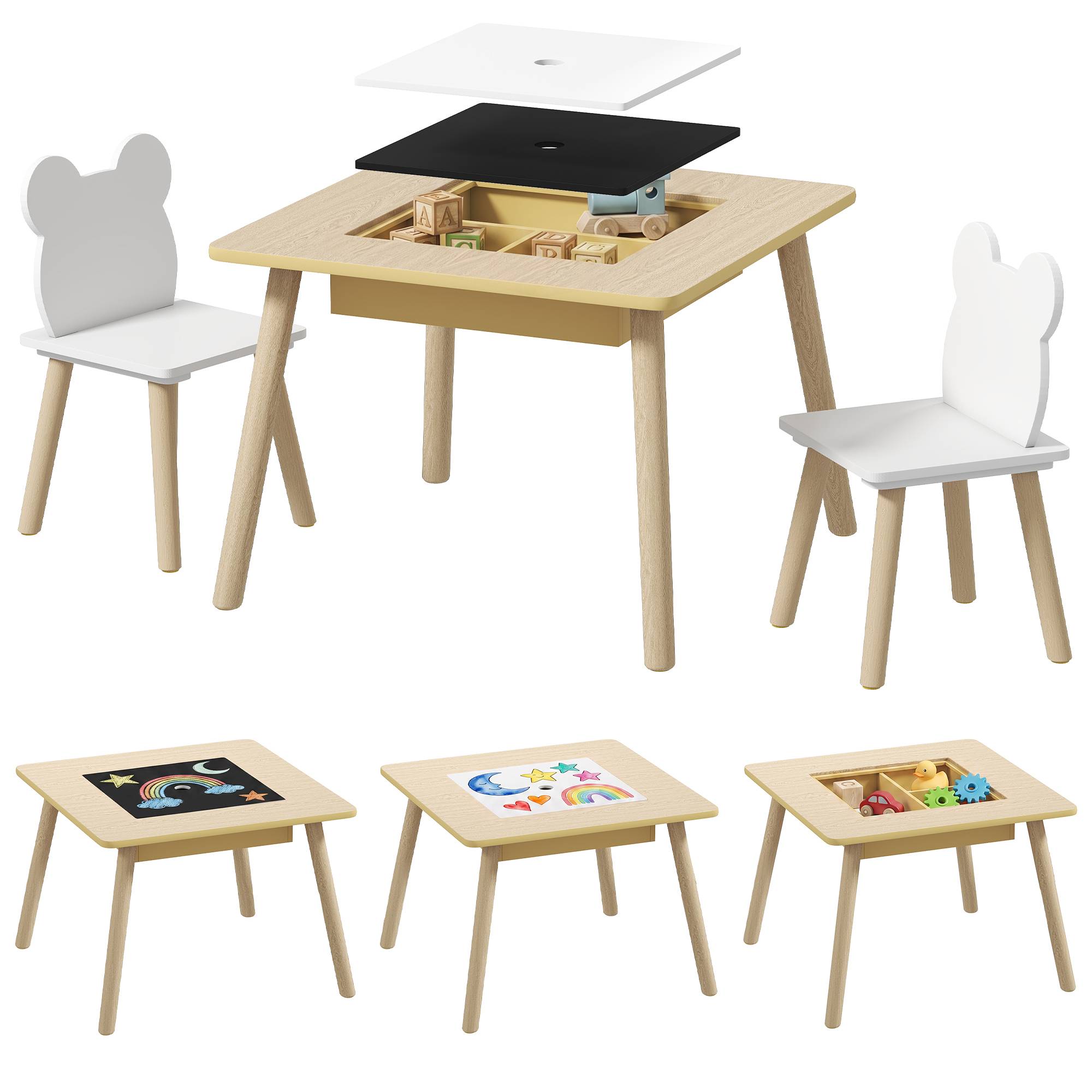 Ensemble table et 2 chaises pour enfants en bois avec compartiments et tableau noir amovible 60 x 60 x 44 cm Naturel et blanc - Image 1