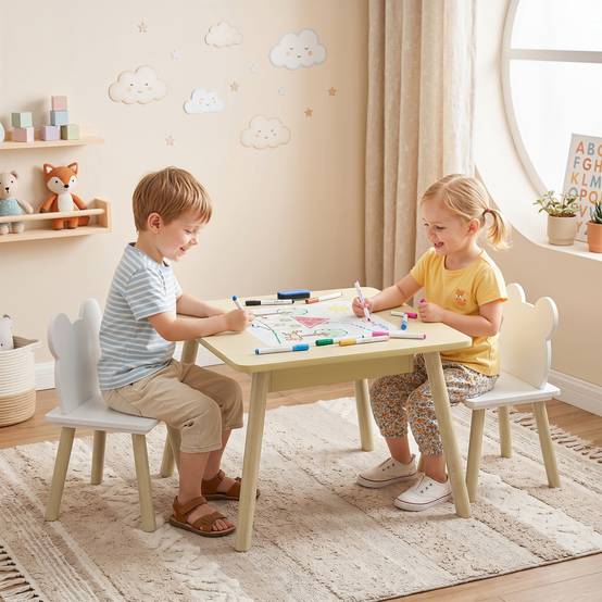 Ensemble table et 2 chaises pour enfants en bois avec compartiments et tableau noir amovible 60 x 60 x 44 cm Naturel et blanc - Image 4