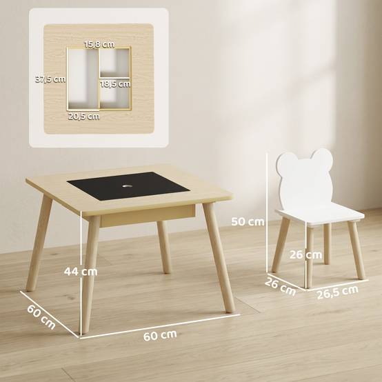 Ensemble table et 2 chaises pour enfants en bois avec compartiments et tableau noir amovible 60 x 60 x 44 cm Naturel et blanc - Image 5