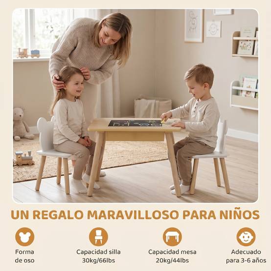 Ensemble table et 2 chaises pour enfants en bois avec compartiments et tableau noir amovible 60 x 60 x 44 cm Naturel et blanc - Image 7