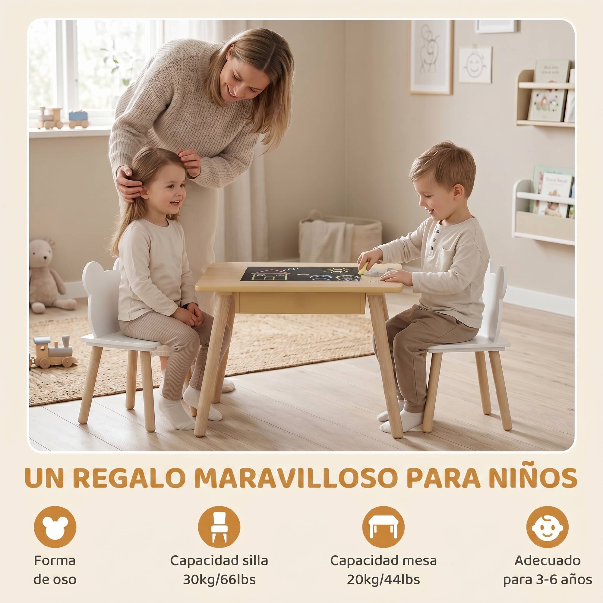 Ensemble table et 2 chaises pour enfants en bois avec compartiments et tableau noir amovible 60 x 60 x 44 cm Naturel et blanc - Image 7