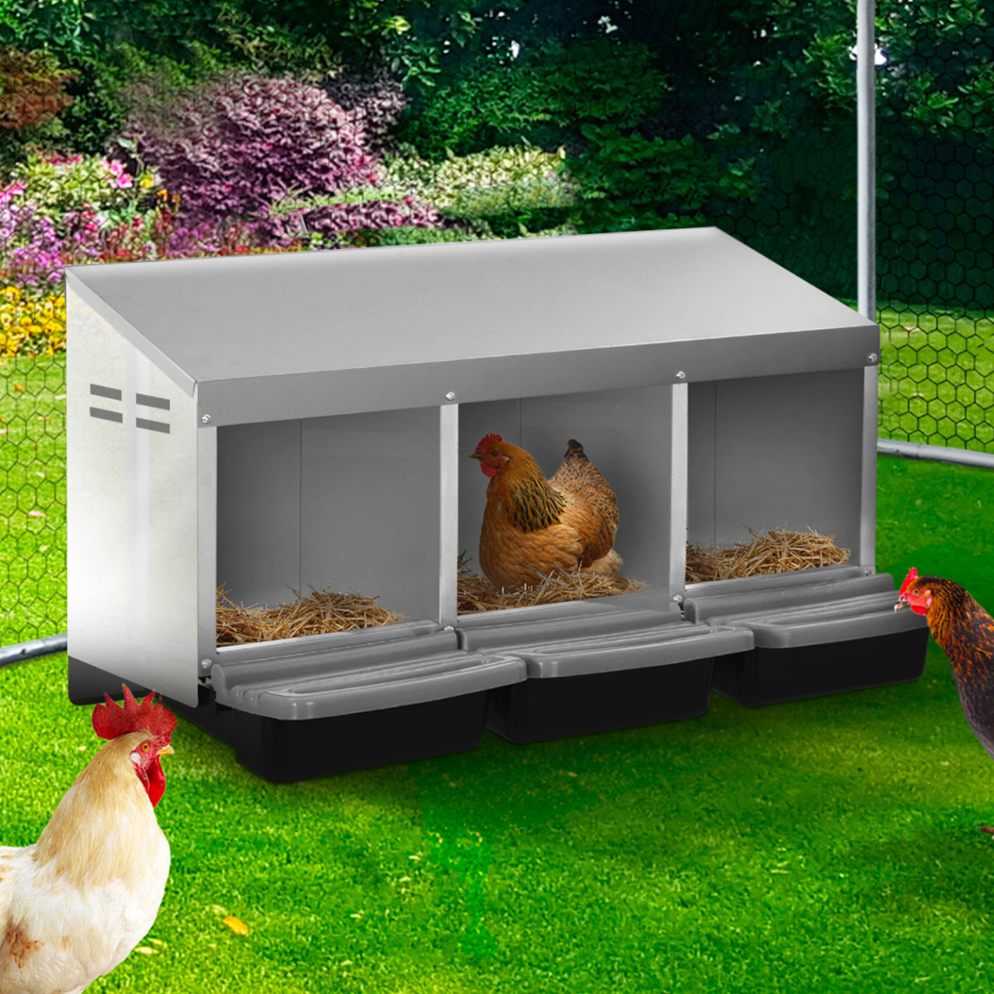 IDMARKET - Pondoir pour poules 3 emplacements nichoir en métal avec fond - Image 1