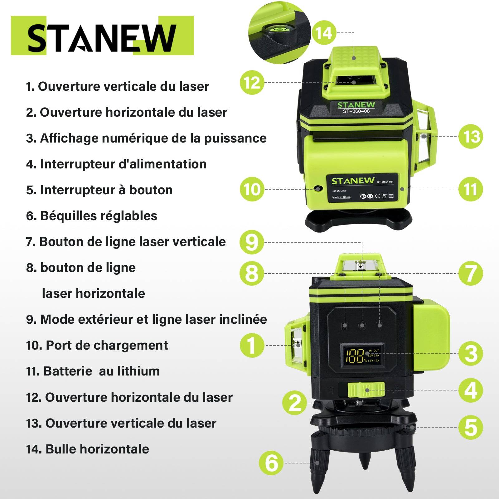 Teeno - 4 x niveaux laser 360° avec affichage de la puissance, 2 x batteries 2400 mAh, 16 lignes - Image 2