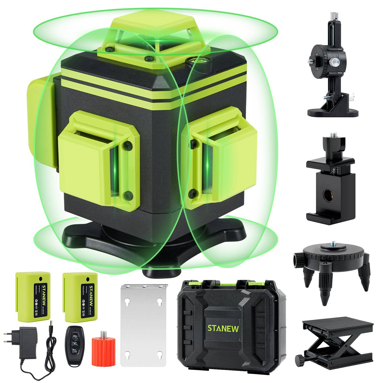 Teeno - 4 x niveaux laser 360° avec affichage de la puissance, 2 x batteries 2400 mAh, 16 lignes