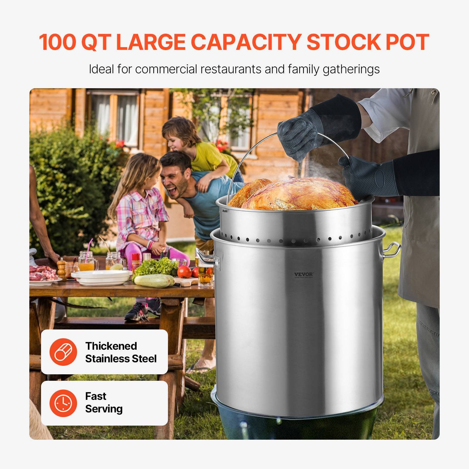 VEVOR Marmite inox 94,6 L, panier, couvercle, poignée, qualité commerciale. Argent. - Image 2