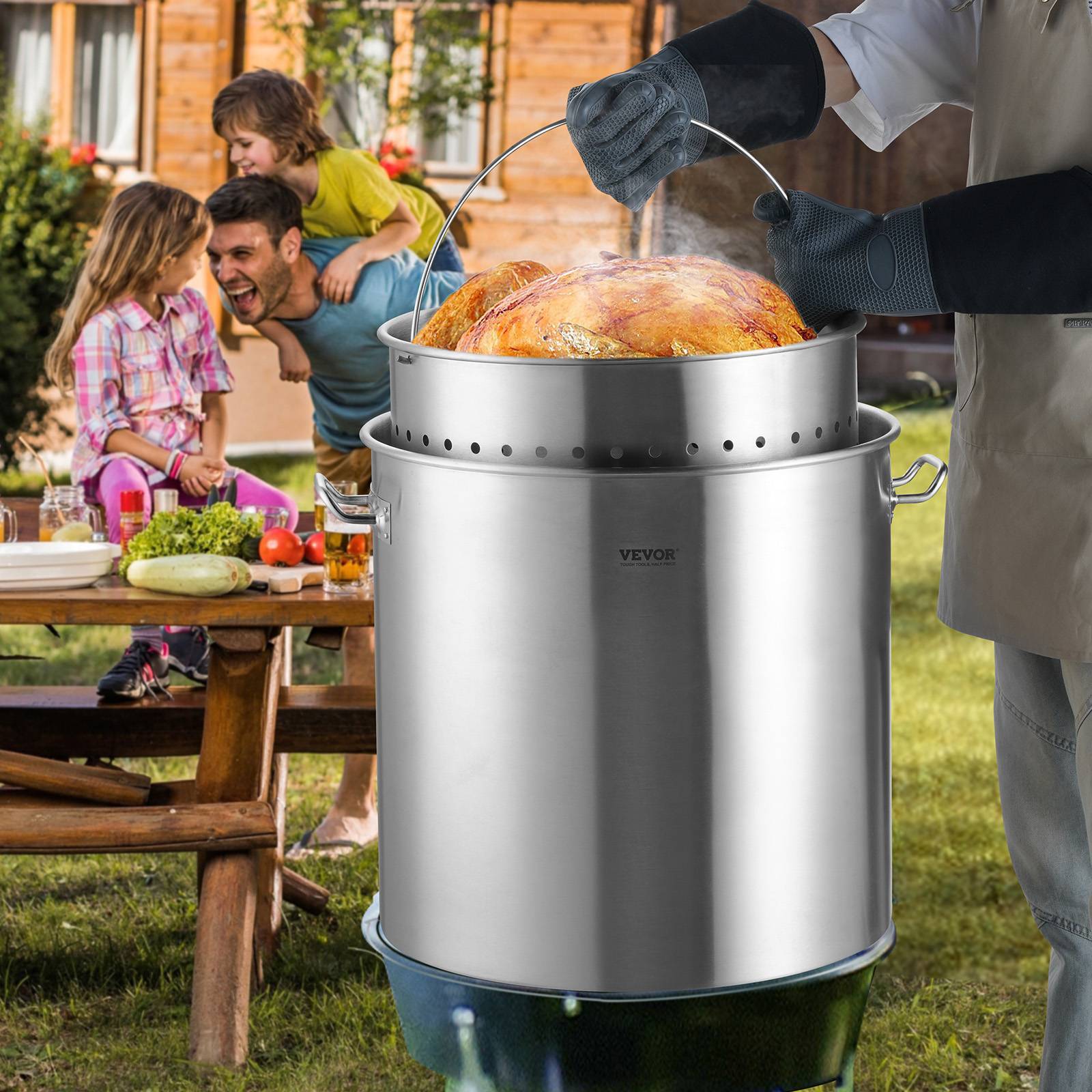 VEVOR Marmite inox 94,6 L, panier, couvercle, poignée, qualité commerciale. Argent. - Image 8