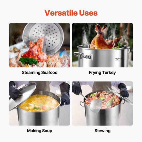 VEVOR Marmite inox 94,6 L, panier, couvercle, poignée, qualité commerciale. Argent. - Image 6