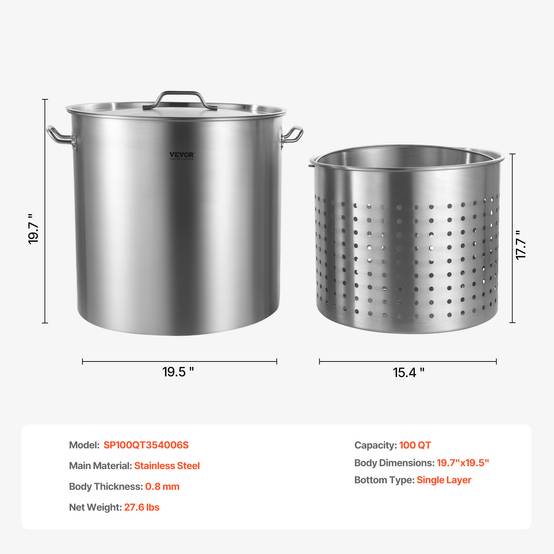 VEVOR Marmite inox 94,6 L, panier, couvercle, poignée, qualité commerciale. Argent. - Image 7