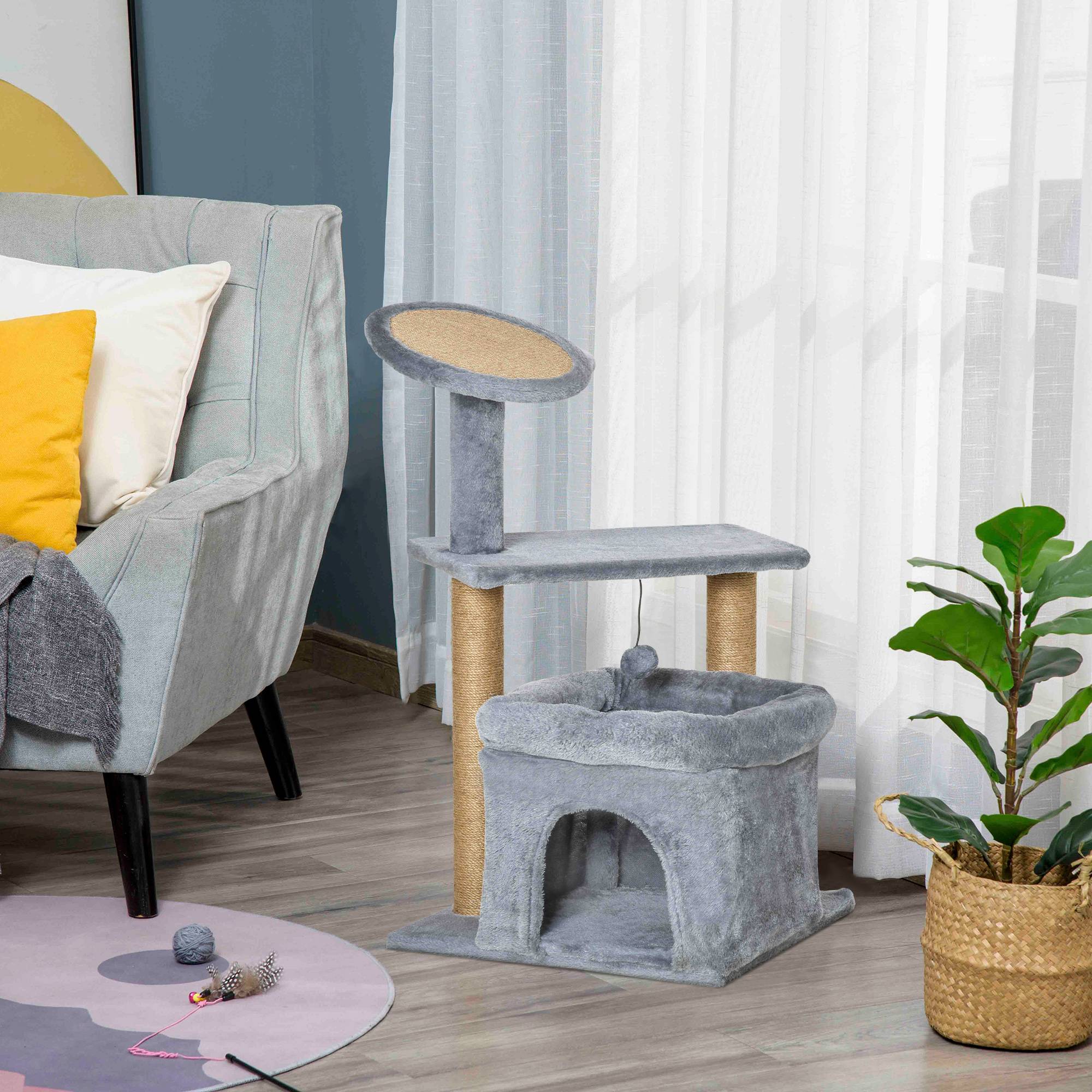 Arbre à chat design peluche jute chaton griffoir niche 48x48x84cm gris - ComfortXL Outdoor Living - Image 4